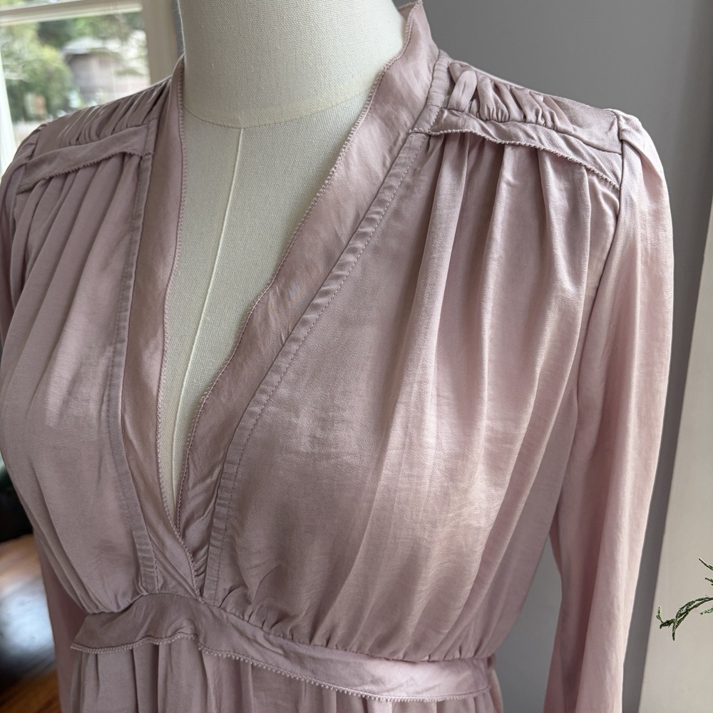 Dressy Long Sleeve Peplum Blouse S/M Pleated V Neck Top Ruffle Formal Beige